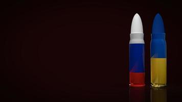 The Ukraine and Russia flag on bullets surface for business or war concept 3d rendering photo