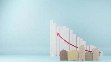 The  multi size  wooden homes toy and chart arrow up on blue colour background 3d rendering photo