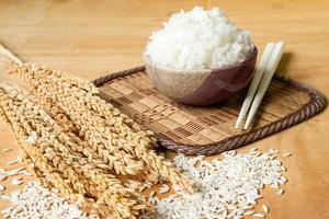 arroz cocido en tazón con grano de arroz crudo y planta de arroz seco sobre fondo de mesa de madera.