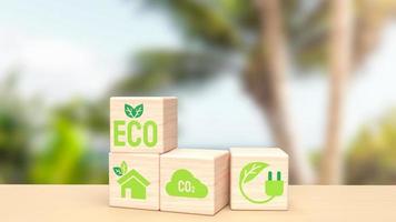 el ladrillo de madera en la mesa para el concepto ecológico o ecológico de renderizado 3d foto