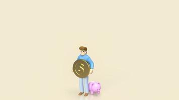 The figure man hold gold coin and piggy bank for saving or business concept 3d rendering photo