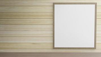 The blank picture frame on wood wall for background content 3d rendering. photo