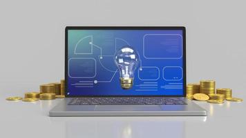 The  light bulb on notebook and gold coins  3d rendering. photo