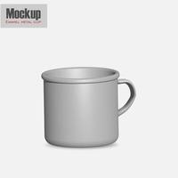 Matte white enamel metal cup. Realistic packaging mockup template with sample design. 3d illustration. Contains an accurate mesh to wrap your artwork with the correct envelope distortion. photo