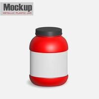 White metallic plastic jar with lid and label for protein, mass gainer, powder, pills. Photo-realistic packaging mockup template with sample design.  3d illustration. photo