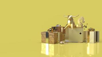 The gold bull in gift box surprise for business content 3d rendering photo
