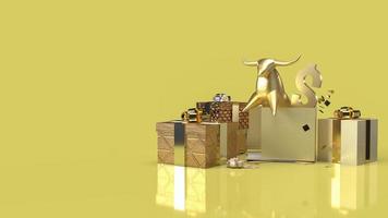 el toro de oro en caja de regalo sorpresa para contenido empresarial renderizado 3d foto