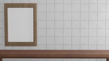 The blank picture frame on white tile wall for background 3d rendering. photo