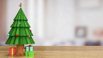 The Christmas tree on wood table for holiday celebration or  promotion business background 3d rendering photo