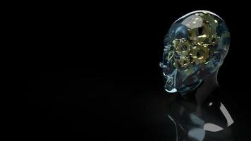 el cristal de la cabeza humana y el engranaje dorado en el interior para la representación 3d del contenido de la idea del símbolo foto