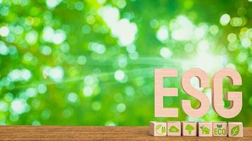 el texto de madera esg que significa gobierno social y corporativo ambiental representación 3d foto