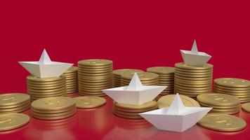 el barco de papel blanco y las monedas de oro sobre fondo rojo para la representación 3d del contenido del océano rojo foto