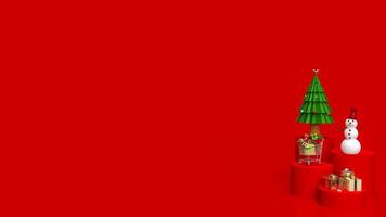 The  Christmas tree and snowman on red color tone for holiday or business concept 3d rendering photo