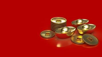 el dinero de oro chino sobre fondo rojo para el concepto de negocios o vacaciones representación 3d foto