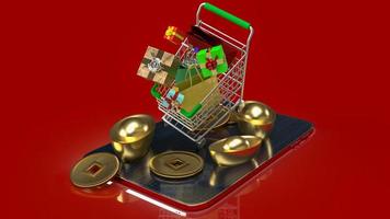 el carrito de la compra y el oro chino en la tableta para la representación 3d del concepto de negocio foto
