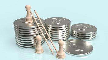 el ajedrez de madera y las monedas de plata para la representación 3d del concepto de negocio foto