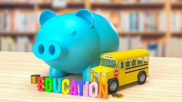 The blue piggy bank and school bus image for saving to education 3d rendering photo