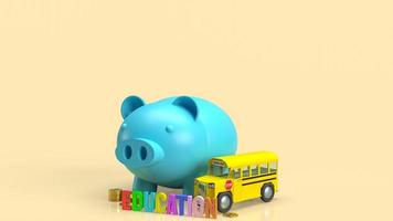 The blue piggy bank and school bus image for saving to education 3d rendering photo