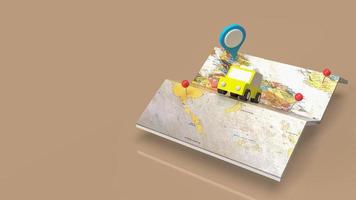 el taxi y el punto de control en el mapa para el concepto de viaje o aplicación representación 3d foto