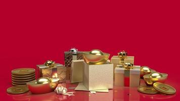 The Chinese  gold money and gift box on red background  for business or holiday concept 3d rendering photo