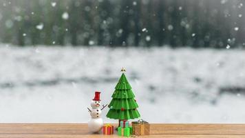 The Christmas tree and snow man on wood table for holiday celebration or  promotion business background 3d rendering photo