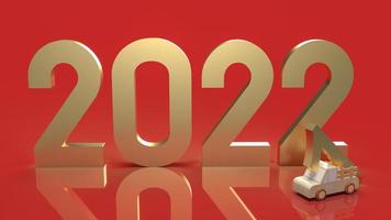 The gold number 2022 on red background for new year  concept 3d rendering. photo