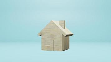 la pequeña casa de madera sobre fondo azul para la representación 3d del contenido de la propiedad foto