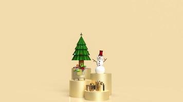 el árbol de navidad y el muñeco de nieve sobre fondo dorado para la representación 3d del concepto de vacaciones o negocios foto