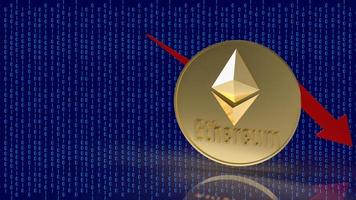 la moneda ethereum y el gráfico de flechas rojas en la representación digital de fondo 3d foto