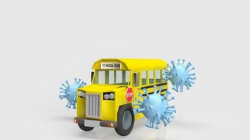 el autobús escolar y el virus sobre fondo blanco para educación o concepto médico 3d renderizado