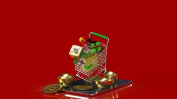 The shopping cart and Chinese gold on tablet for business concept 3d rendering photo