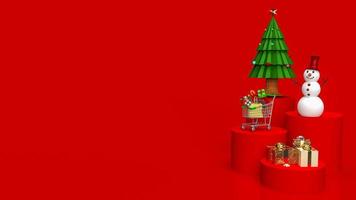 The  Christmas tree and snowman on red color tone for holiday or business concept 3d rendering photo