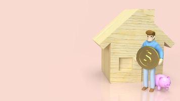 The figure man hold gold coin and wood house for property or building concept 3d rendering photo