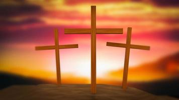 Silhouette cross on Calvary mountain sunset Easter concept 3d rendering photo