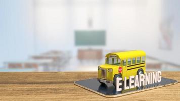 autobús escolar en tableta para concepto de e-learning renderizado 3d foto