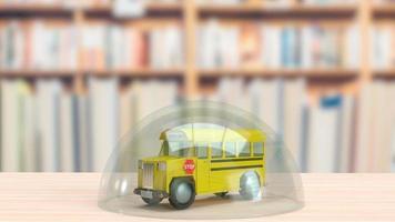 school bus  and glass dome on wood table for education and outbreaks concept 3d rendering photo