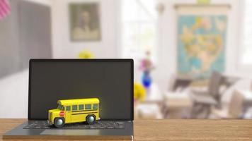 school bus on laptop for e learning concept 3d rendering photo