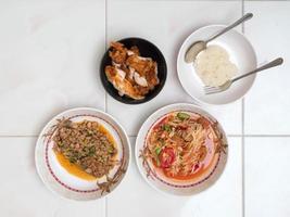 Top view of Papaya salad with Spicy minced pork,Fried chicken and Sticky rice,Thai local food photo