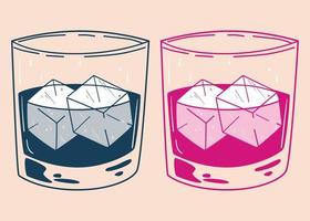 glass of whiskey and ice graphic. line illustration of the cocktail vector