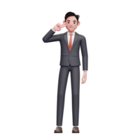 hombre de negocios en traje formal signo de paz con el dedo, render 3d personaje de hombre de negocios en traje formal png