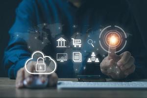 Cloud technology data storag concept, man's hand using a smartphone to use, backup, store in Cloud Data storag as an online connection. Files can be retrieved at any time. convenient and safe photo