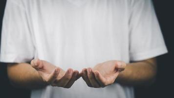 Social media technology concept, men's hands using smartphones to login social media, work from home or do online marketing. business and finance photo