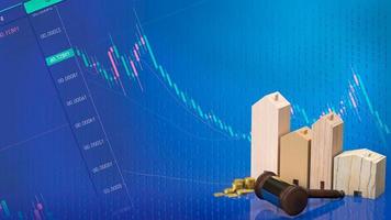 el martillo de justicia y la casa de madera para la representación 3d del concepto de propiedad o negocio foto