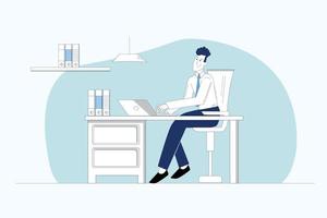 Happy freelancer with computer at home. young man sitting in armchair and using laptop, chatting online and smiling. Vector. Vector flat illustration of a man working on the computer