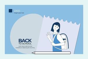 niña de dibujos animados de regreso a la escuela que regresa a la escuela con mochila escolar vector