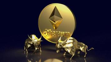 The gold bulls and ethereum coin image for crypto or business concept 3d rendering photo