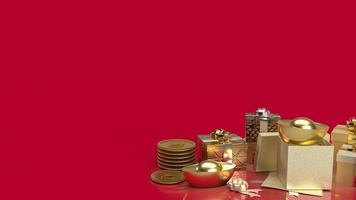 The Chinese  gold money and gift box on red background  for business or holiday concept 3d rendering photo