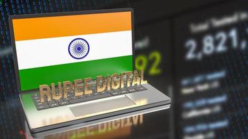 la rupia digital y la bandera india en el portátil para tecnología y concepto de negocio 3d renderizado foto