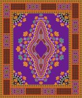 Ethnic African dashiki traditional colorful purple-yellow flower pattern background. Tribal art shirts fashion. Neck embroidery ornaments. vector