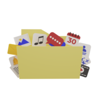 3d rendering of folder icons with various application icons such as calendar, photo, video player, music player, file storage concept in one folder png
